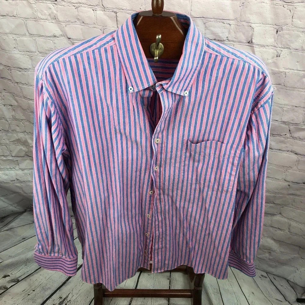 alan flusser pink stripe button down shirt size large preppy professional office